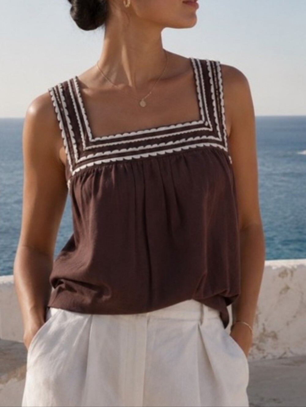 NWT Caroline Constas Brown Embroidered Square-Neck Sleeveless Top Size S